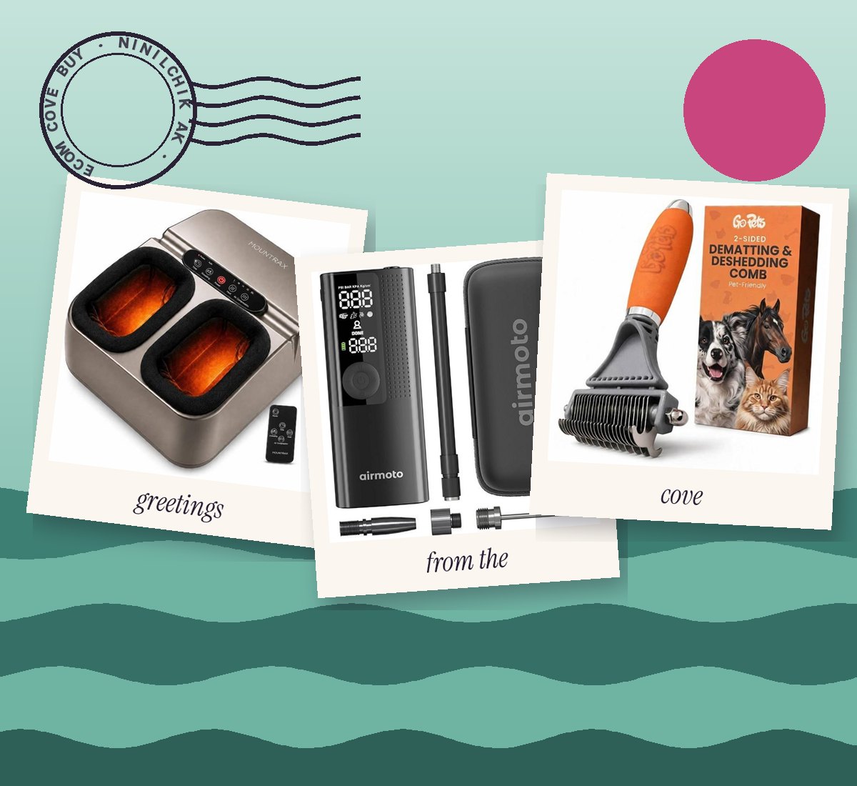 Postcards of a foot massager, tire inflator and pet comb over a sea-glass sky